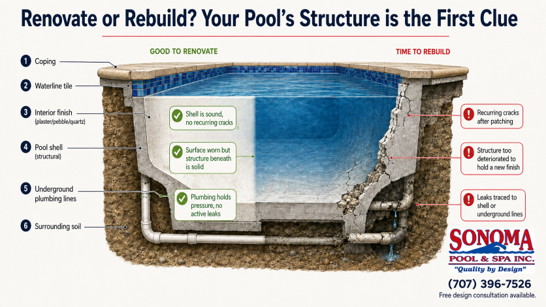 Pool structure diagram showing signs that indicate whether to renovate or rebuild a swimming pool